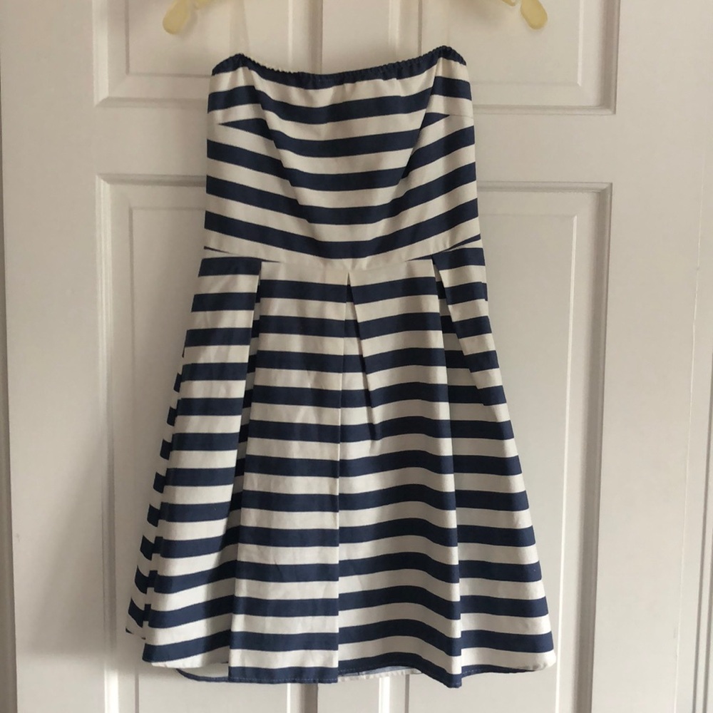 Blue and white strapless dress